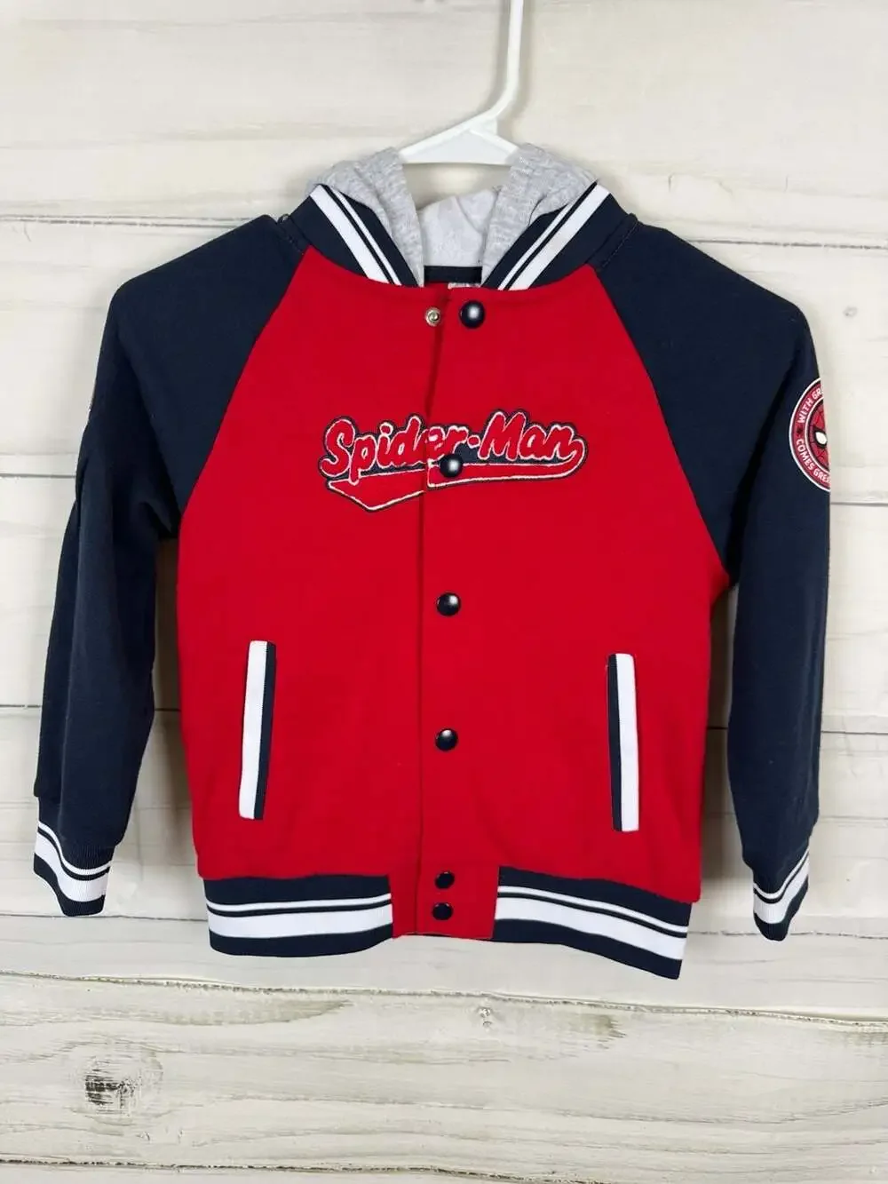 Marvel Spider-Man Boys' Snap Button Varsity Hooded Jacket Size 6